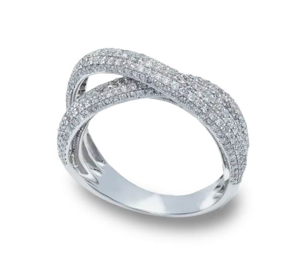 Zásnubní prsten dvouřádkový z bílého zlata zdobený diamanty a větším bílým diamantem